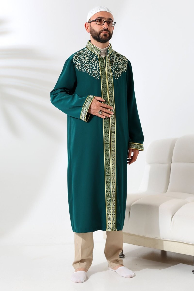 Green Mandarin Collar Men's Prayer Robe with Striped Embroidery - Imam Robe - ihvan