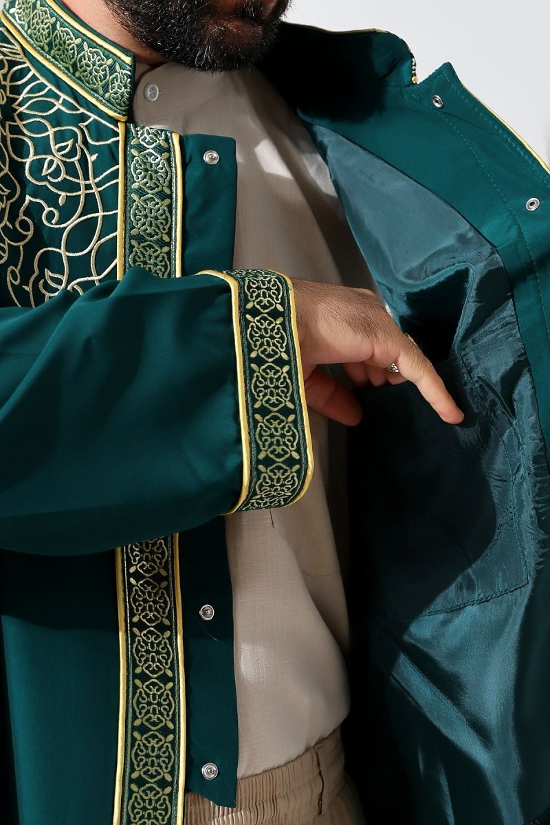 Green Mandarin Collar Men's Prayer Robe with Striped Embroidery - Imam Robe - ihvan