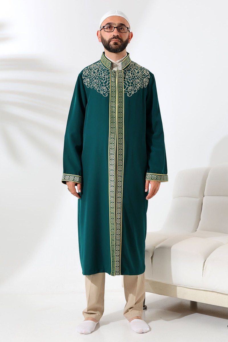 Green Mandarin Collar Men's Prayer Robe with Striped Embroidery - Imam Robe - ihvan