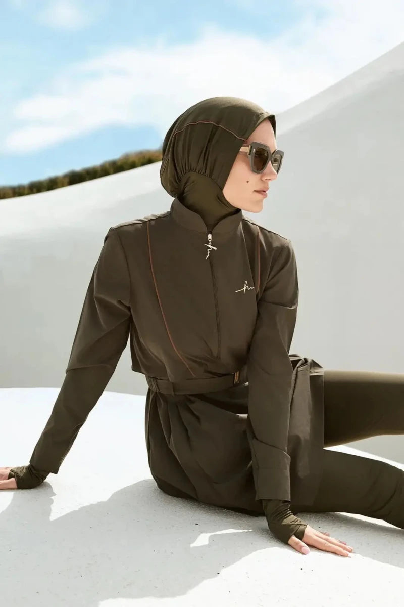 Haşema Belt & Buckle Detailed 5-Piece Full-Covered Burkini Set 5017 Khaki - ihvan