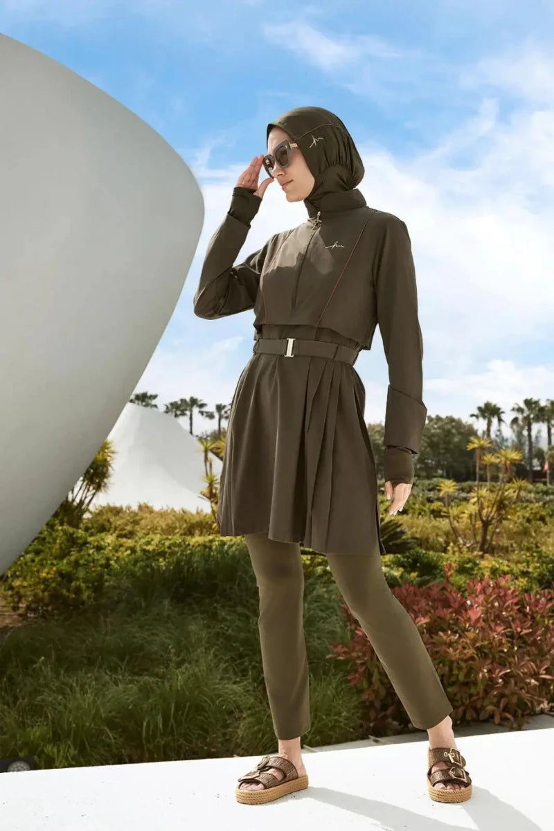 Haşema Belt & Buckle Detailed 5-Piece Full-Covered Burkini Set 5017 Khaki - ihvan
