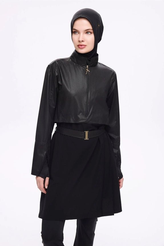 Haşema Belt & Buckle Detailed Textured Quick-Drying Fabric Black 5-Piece Full-Covered Burkini Set 5027 Black - ihvan