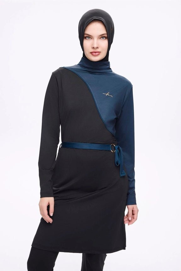 Haşema Belt Detailed Zippered Pockets Lycra 5-Piece Full-Covered Burkini Set 5007-25 Black - ihvan