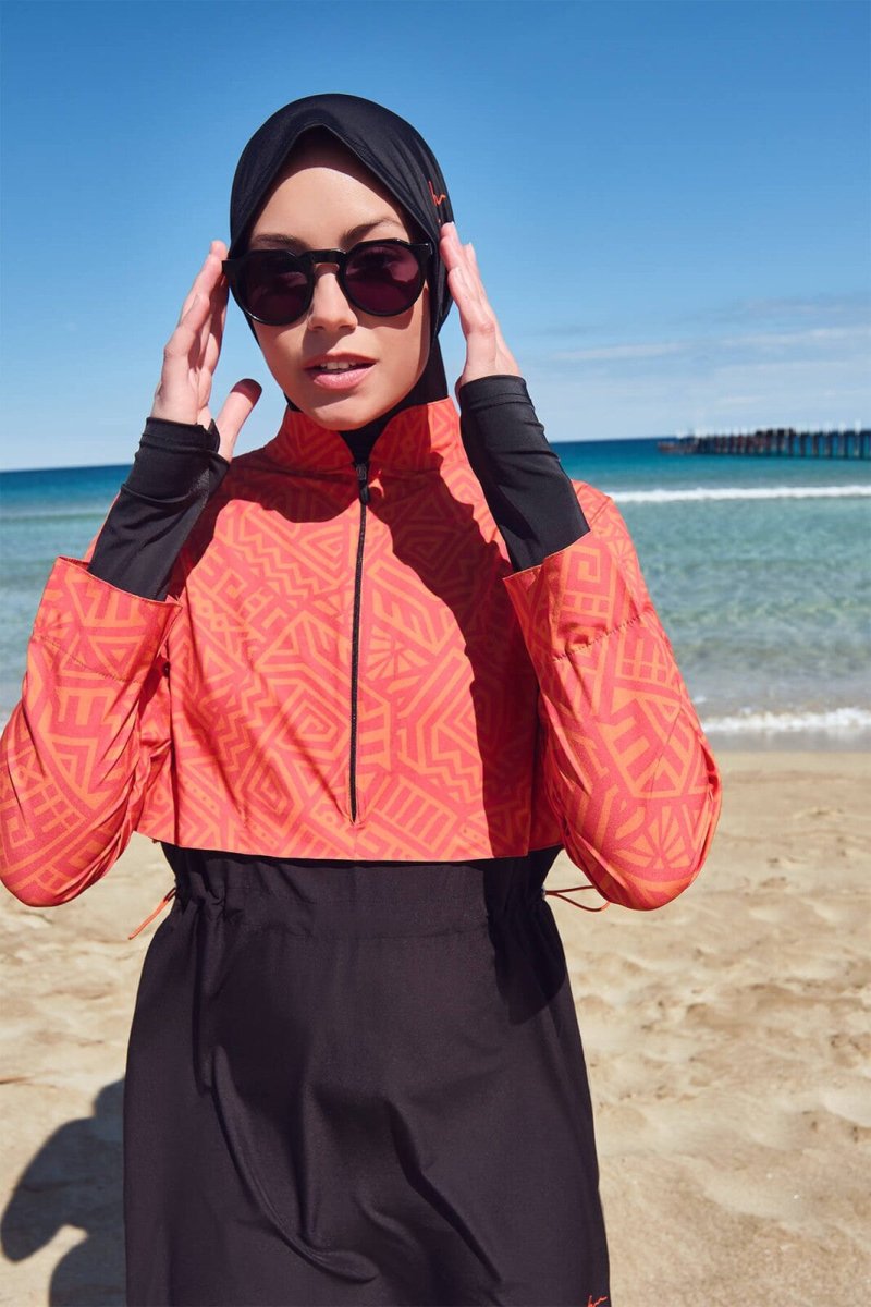Haşema Esila HSM - 2934 - 23 Orange and Black Full Coverage Swimsuit with Sleeves - ihvan