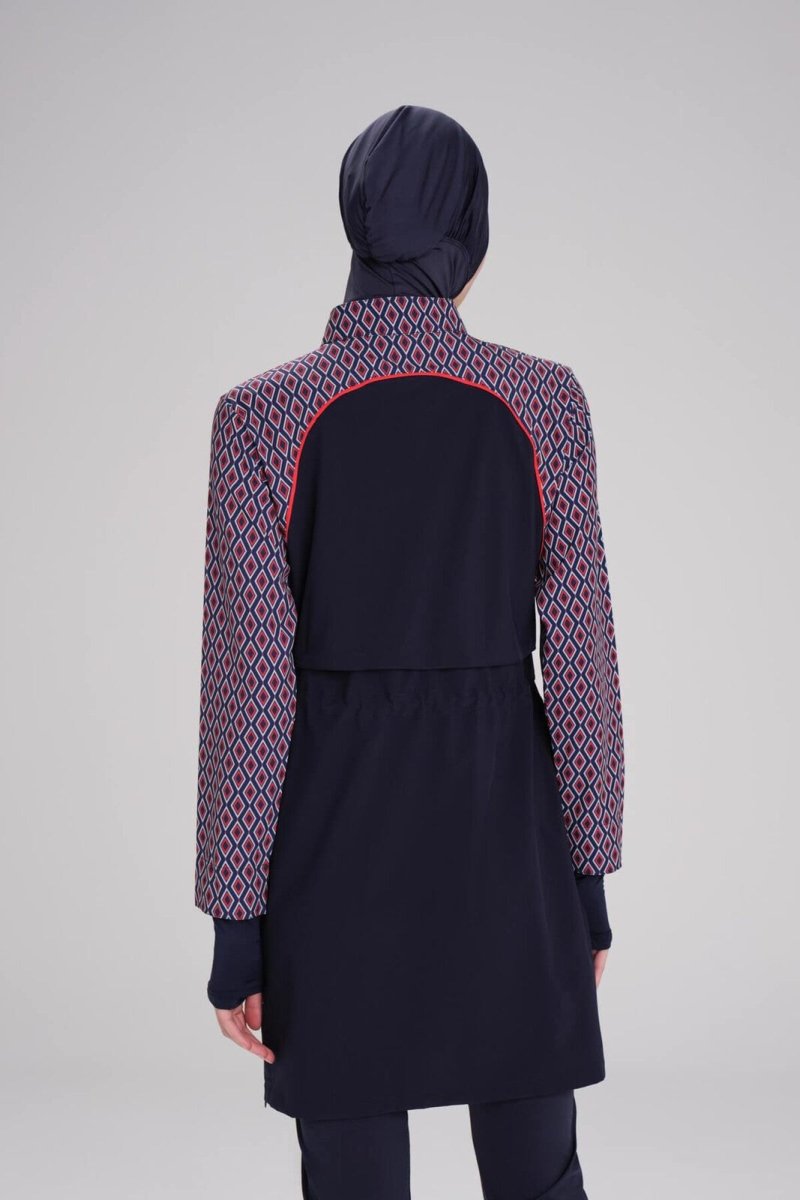 Haşema Esila Navy Blue and Red Sleeve Patterned Vest Full Coverage Hijab Swimsuit Set HSM - 2944 - ihvan