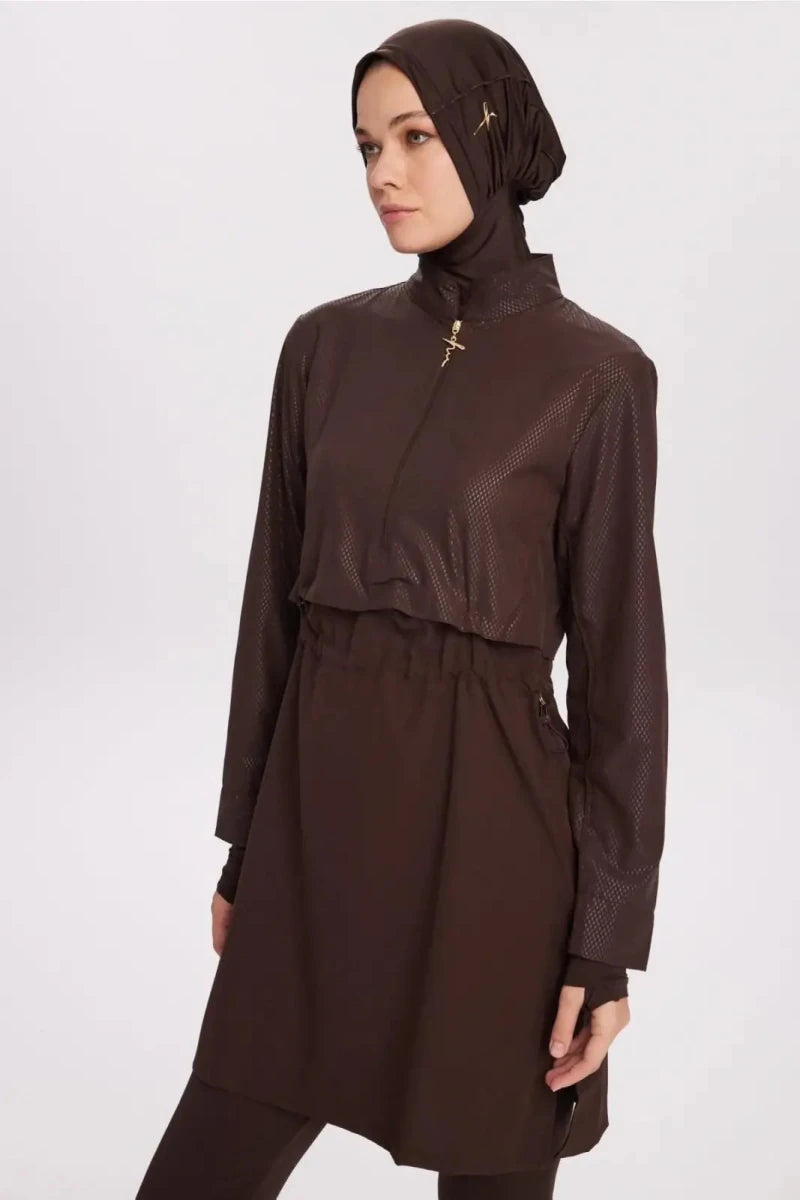 Haşema Esila Textured Fabric 5-Piece Full-Covered Burkini Set Quick-Drying Swimwear 5067 Brown - ihvan