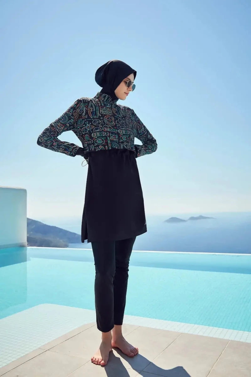 Haşema Holiday Theme Patterned Sleeveless Overdress 5-Piece Full-Covered Burkini Set Quick-Drying Swimwear HSM-2934-39-06 Black Green - ihvan