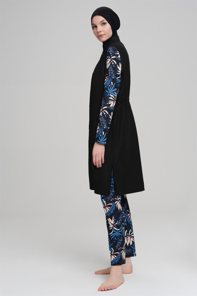 Haşema Nehar Blue Leaf Patterned Black Sleeveless Full Coverage Hijab Swimsuit Set 2226 - ihvan