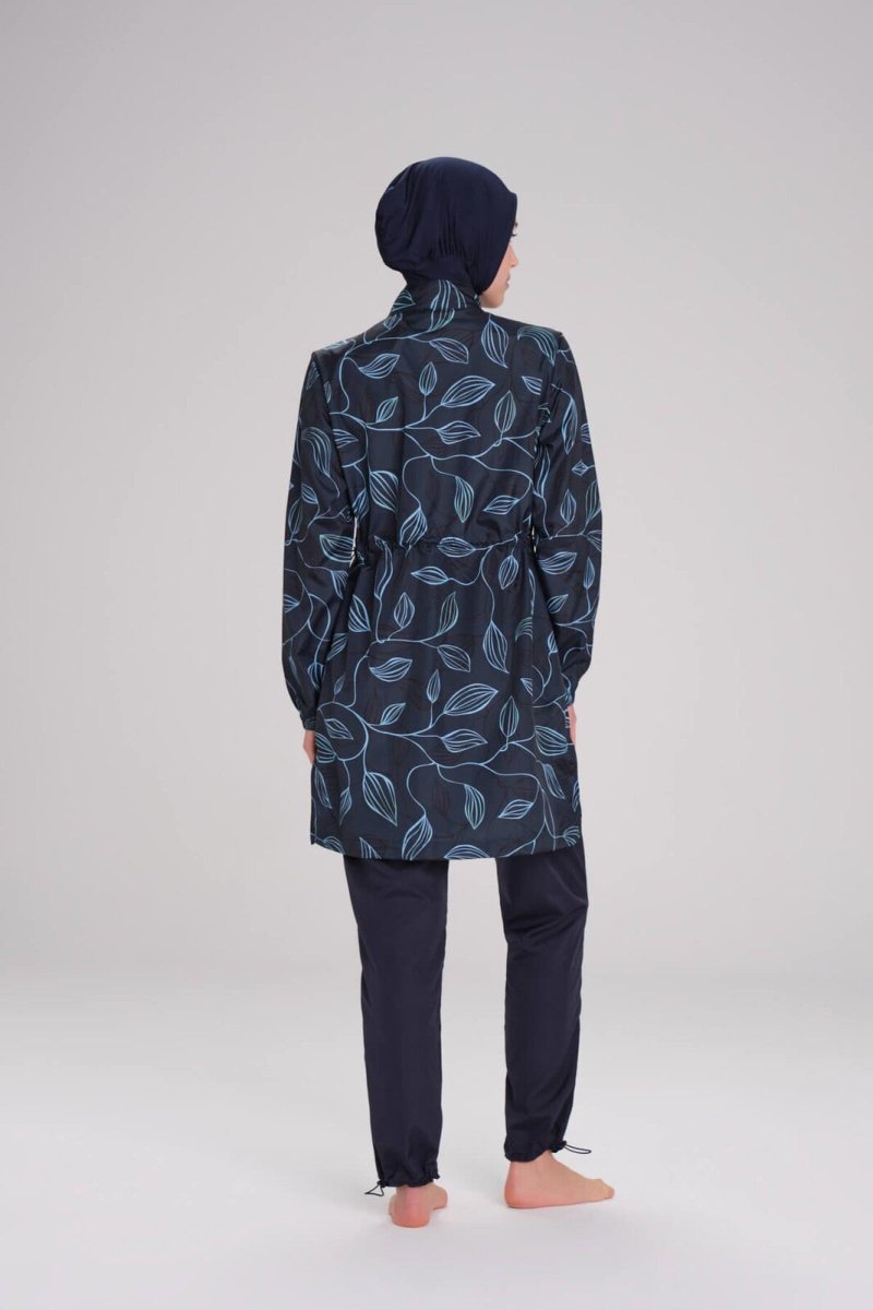 Haşema Nehar Leaf Patterned Navy Blue Woven 3-Piece Burkini Set 2259 - ihvan