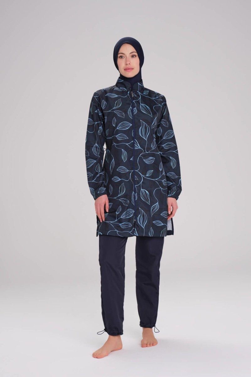 Haşema Nehar Leaf Patterned Navy Blue Woven 3-Piece Burkini Set 2259 - ihvan