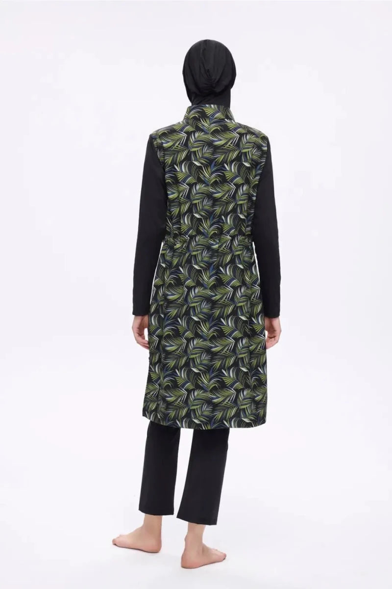 Haşema Nehar Patterned Body 3-Piece Woven Full-Covered Burkini Set 22-75 Black Green - ihvan