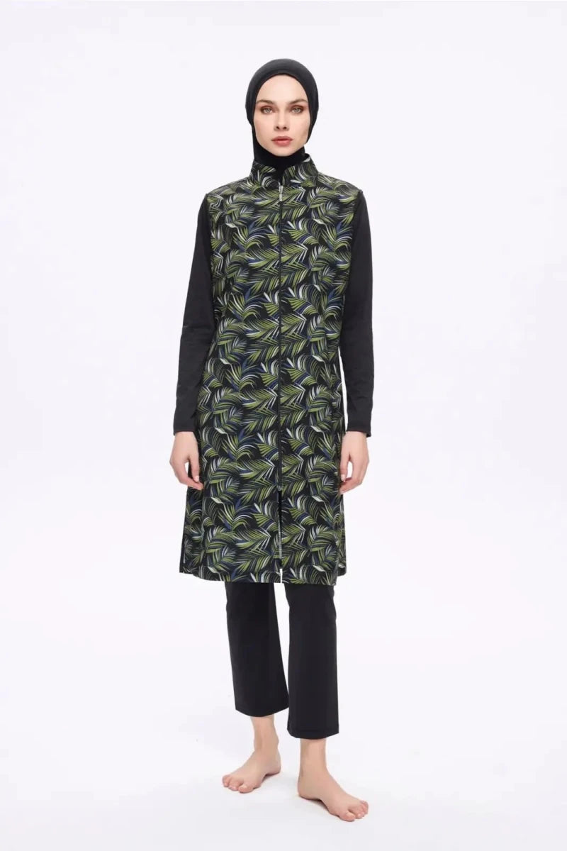 Haşema Nehar Patterned Body 3-Piece Woven Full-Covered Burkini Set 22-75 Black Green - ihvan