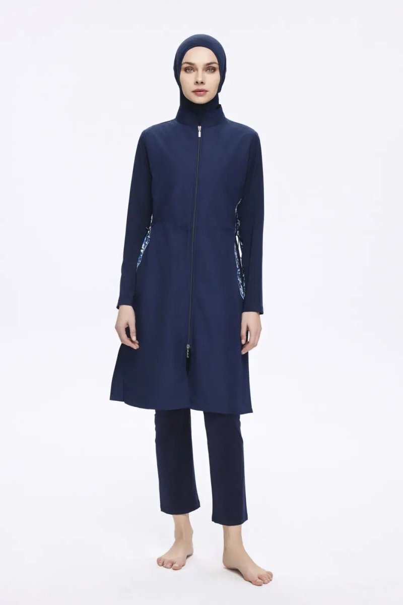 Haşema Nehar Underarm Patterned 3-Piece Woven Full-Covered Burkini Set NHR-22-79 Navy Blue - ihvan