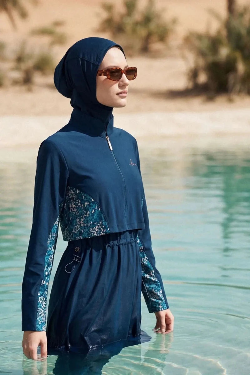 Haşema Oasis Collection Underarm Patterned 5-Piece Full-Covered Burkini Set 5089 Petrol Blue - ihvan