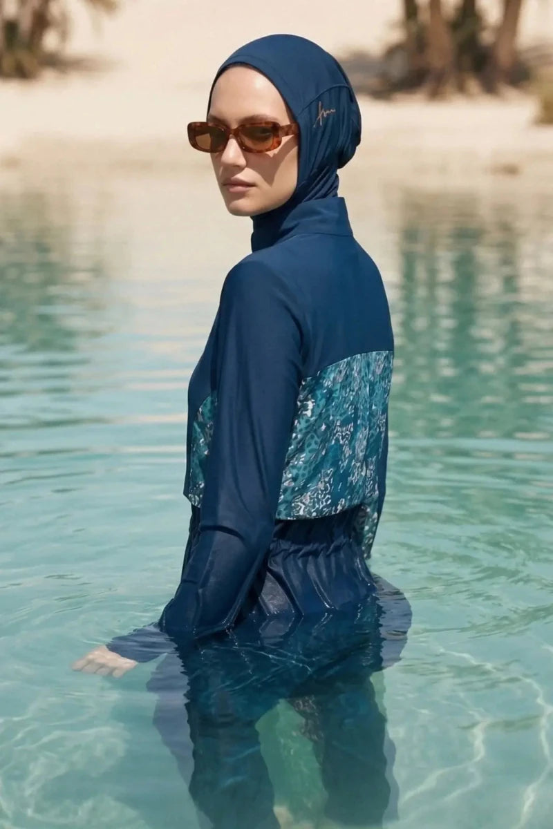 Haşema Oasis Collection Underarm Patterned 5-Piece Full-Covered Burkini Set 5089 Petrol Blue - ihvan