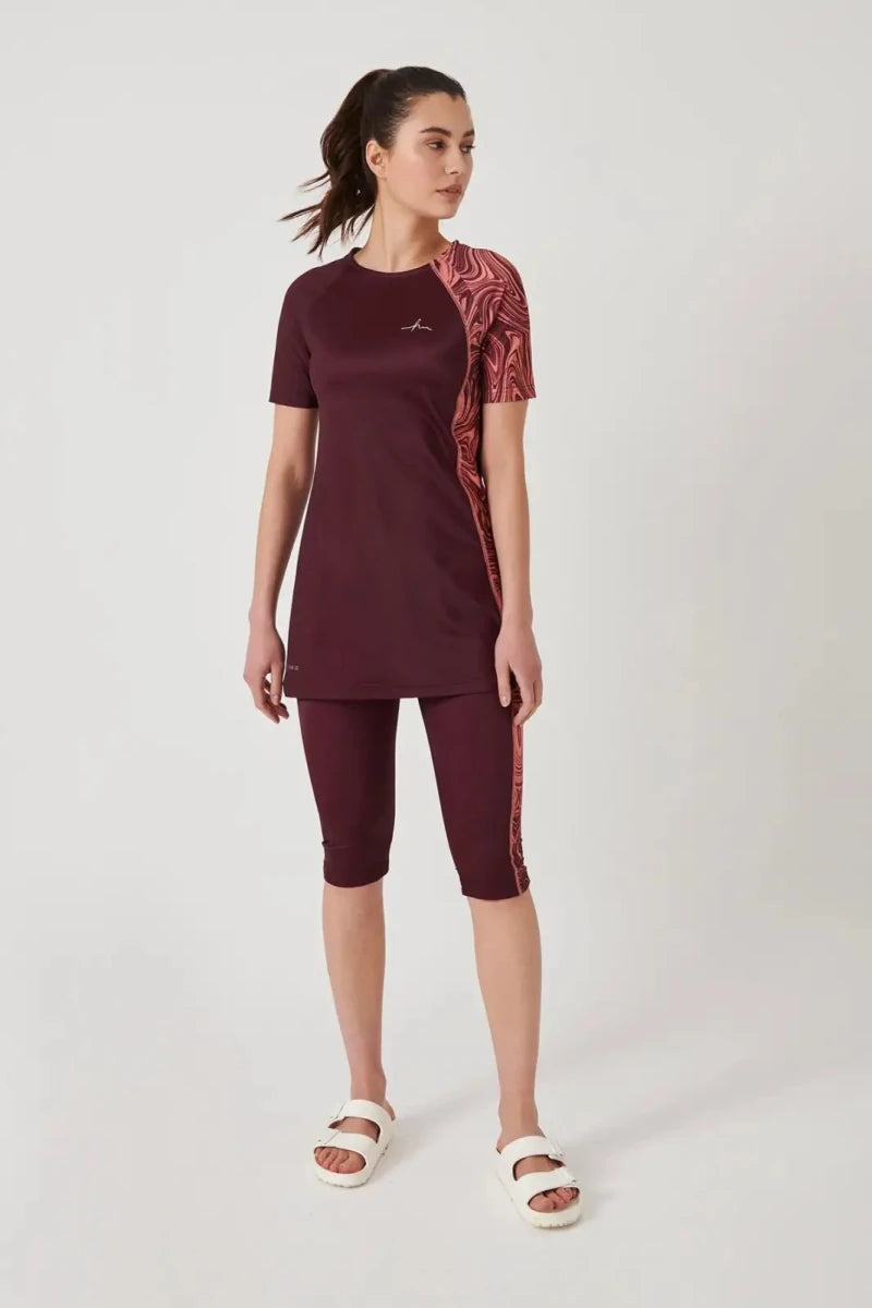 Haşema Patterned Sleeve 3-Piece Semi-Covered Swimwear Set HSM-3085 Damson - ihvan