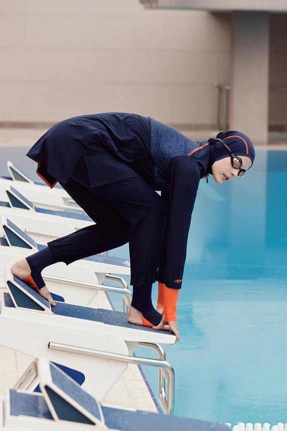Haşema Performance Series Foot Band Detailed Stretch Woven 6-Piece Full-Covered Burkini Set H-Per50 HSM-2010 Navy Blue - ihvan