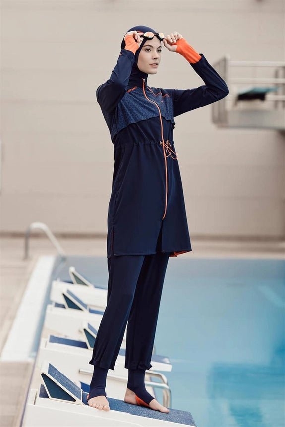 Haşema Performance Series Orange Footband Detail Water Repellent Flexible Woven 6 - Piece Full Coverage Swimsuit Set 2010 - 25 Navy Blue - ihvan