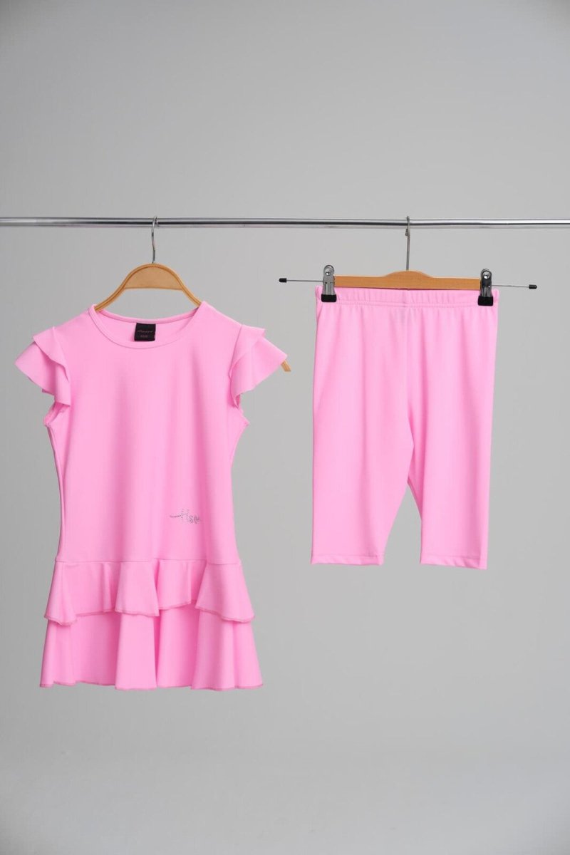 Haşema Revna Short Sleeve Pink Girls' Pool Swimsuit Set H - 2821 - ihvan