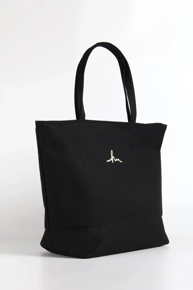 Haşema Signature Detailed Embroidered Zippered Linen Beach Bag HSM-35 Black - ihvan