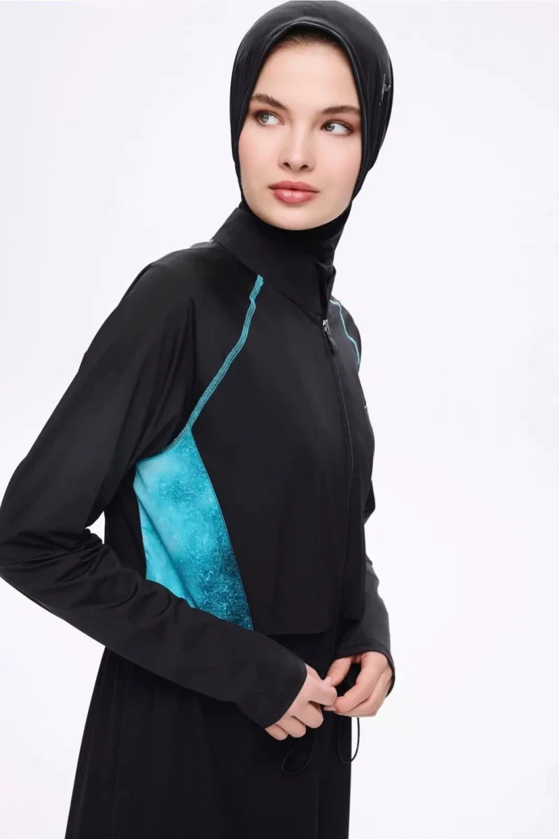 Haşema Underarm Patterned 5-Piece Full-Covered Burkini Set Quick-Drying Swimwear 5018 Black Green - ihvan
