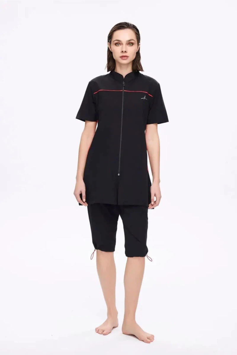 Haşema Zippered Stretch Woven 5-Piece Semi-Covered Swimwear Set Quick-Drying Burkini 5010 Black - ihvan