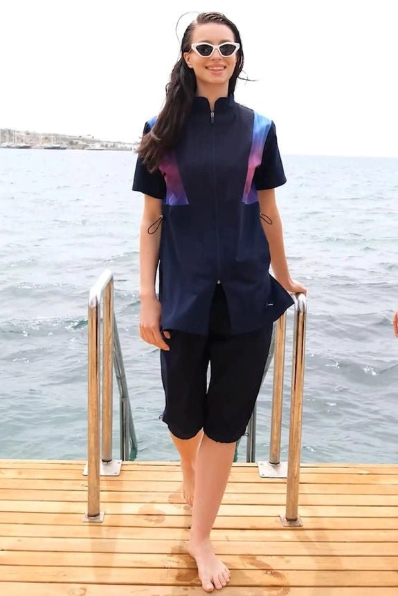 Hashema Patterned Short - Sleeved 4 - Piece Quick - Drying Semi - Closed Swimsuit Set 5003 - 25 Navy Blue - ihvan