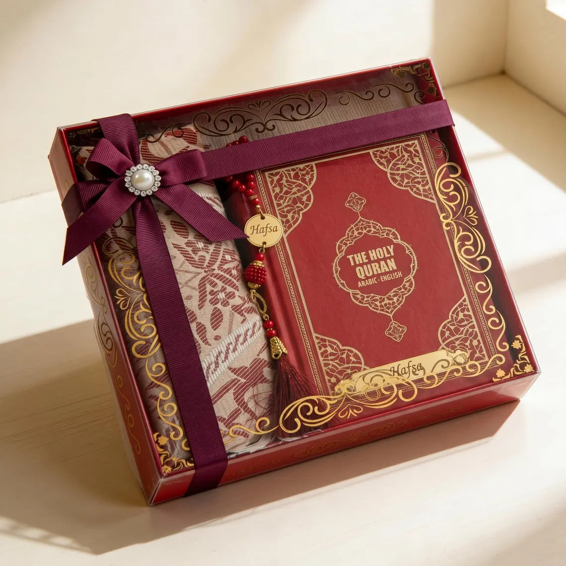 Personalized English Quran Prayer Mat Set: Muslim, Ramadan, Islamic, Eid Gift