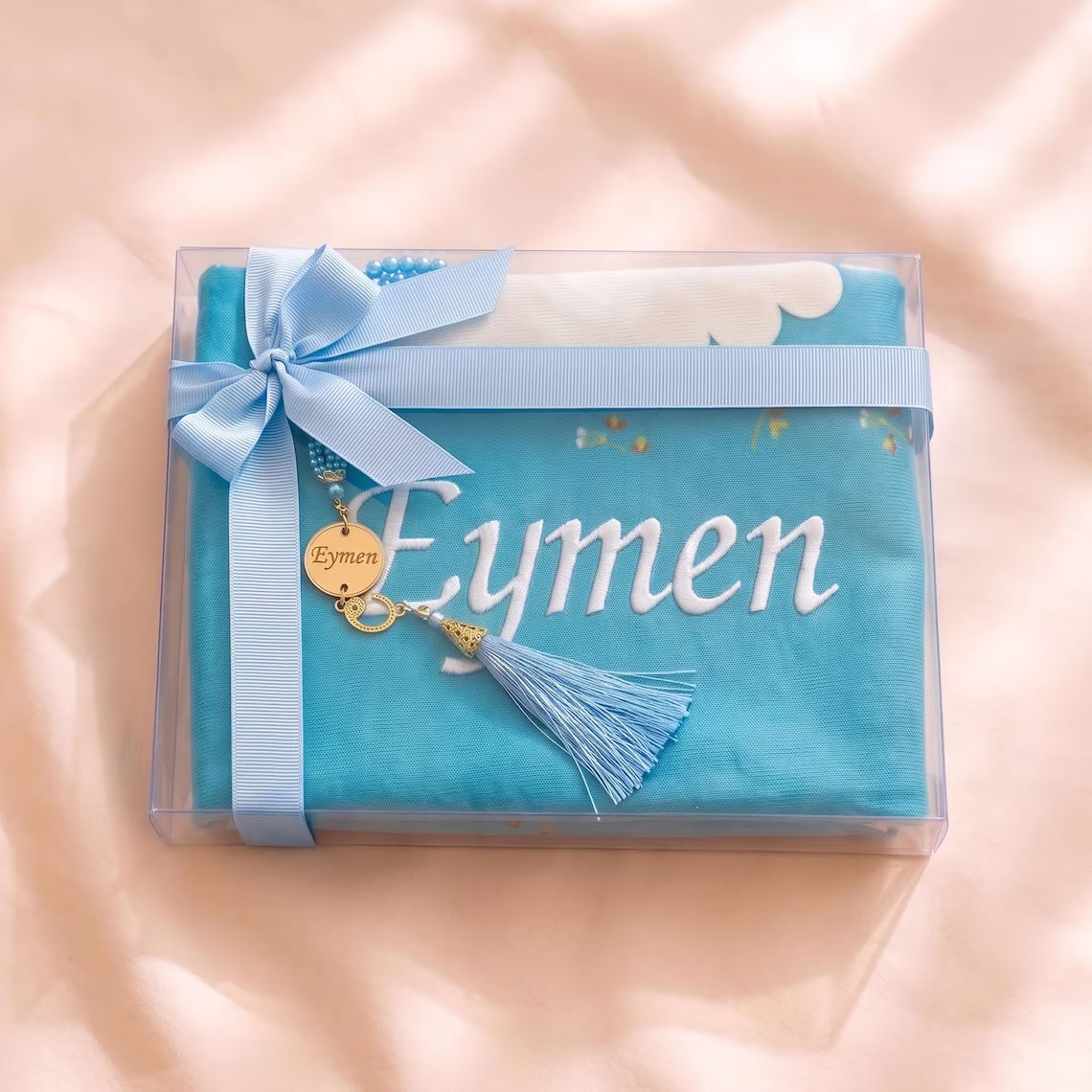 Personalized Prayer Mat for Girls, Kaaba Design and Embroidered Name, Quran and Tasbih