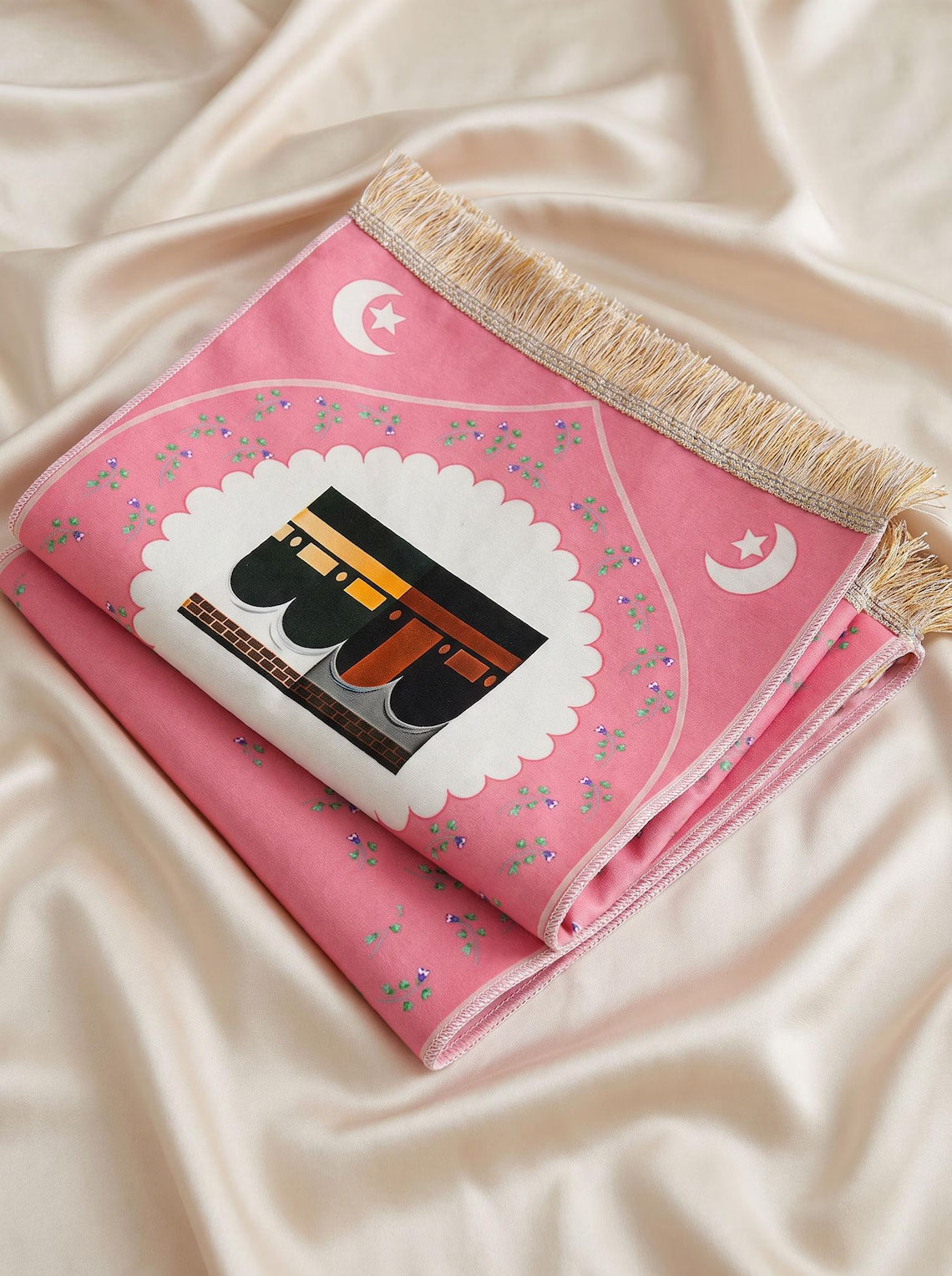 Personalized Prayer Mat for Girls, Kaaba Design and Embroidered Name, Quran and Tasbih