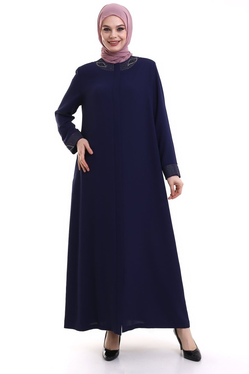 Indigo Hijab Abaya with Concealed Zipper and Crystal Embellished Collar 23300 - ihvan