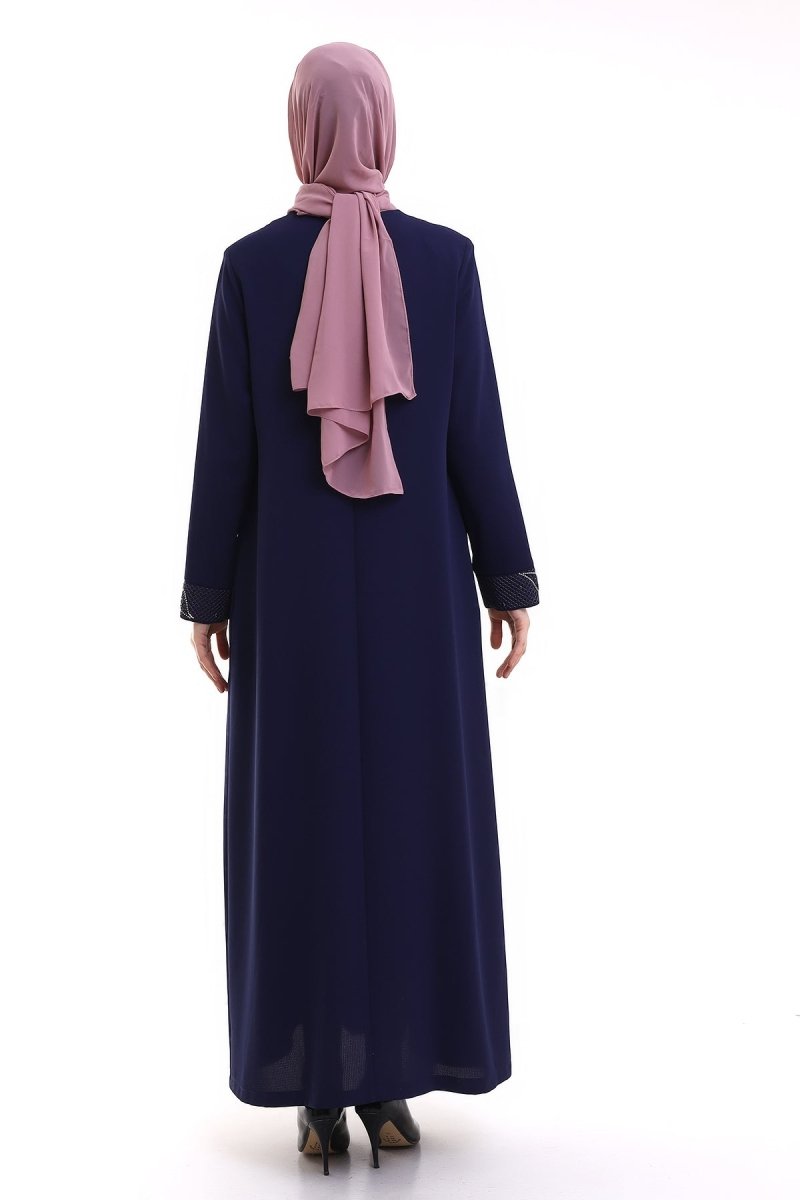 Indigo Hijab Abaya with Concealed Zipper and Crystal Embellished Collar 23300 - ihvan