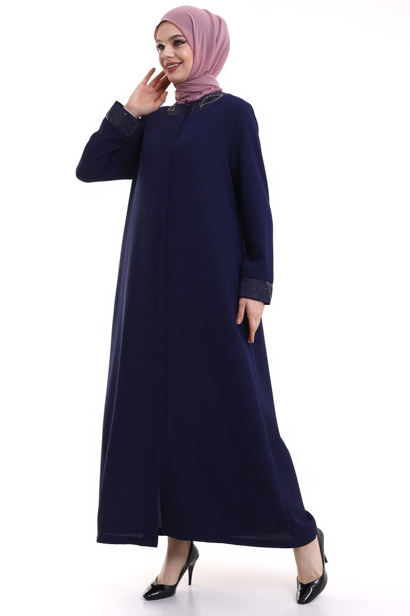 Indigo Hijab Abaya with Concealed Zipper and Crystal Embellished Collar 23300 - ihvan