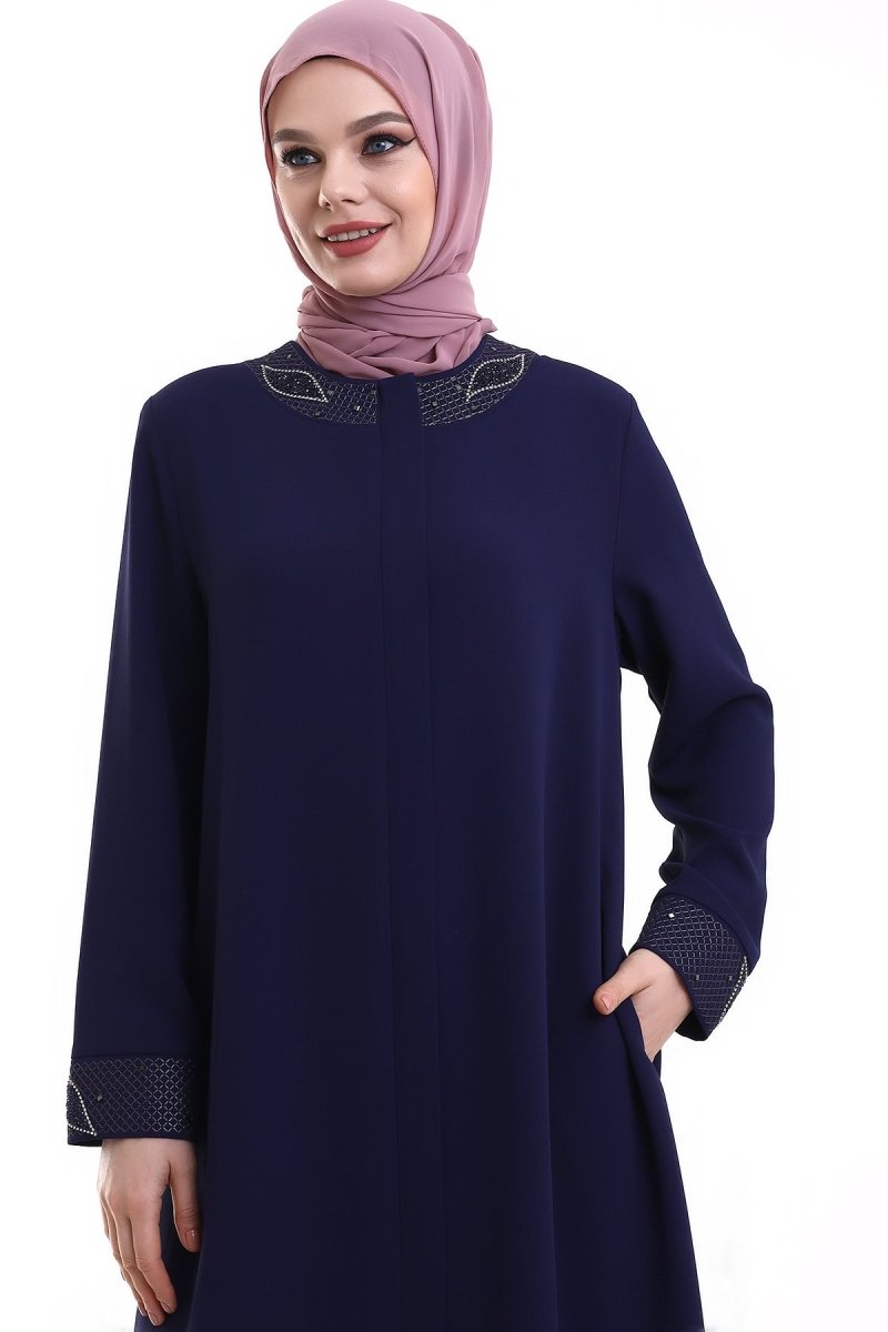 Indigo Hijab Abaya with Concealed Zipper and Crystal Embellished Collar 23300 - ihvan