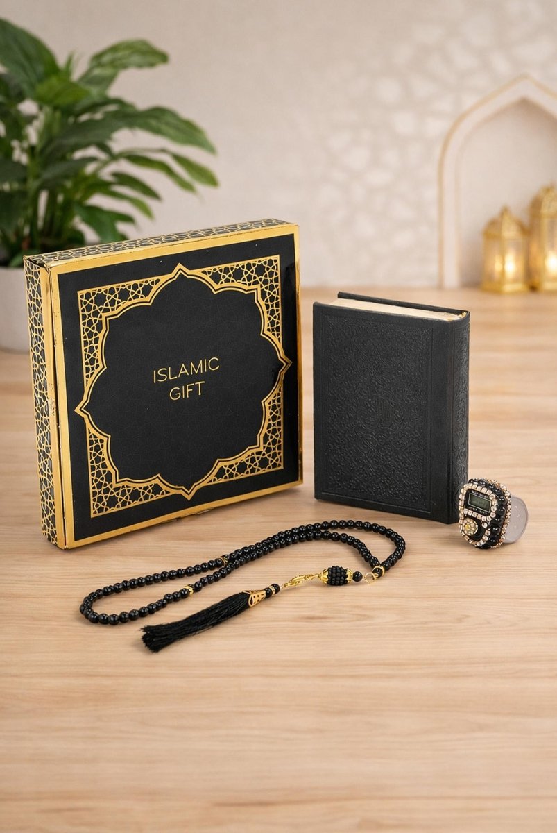 Islamic Gift Set with Pocket Size Arabic Quran, Prayer Beads, Digital Zikirmatik & Elegant Gift Box - Complete Muslim Gift Box for Ramadan, Eid, Mevlid, Hajj & Umrah - ihvan