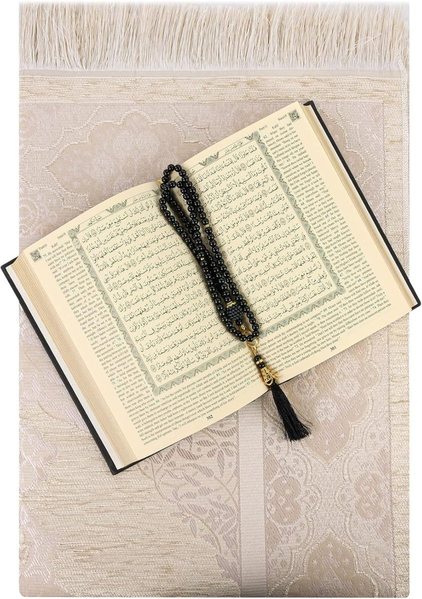 Islamic Prayer Gift Set – Holy Quran with English Translation, Prayer Rug & Tesbih (4 Piece) - ihvan