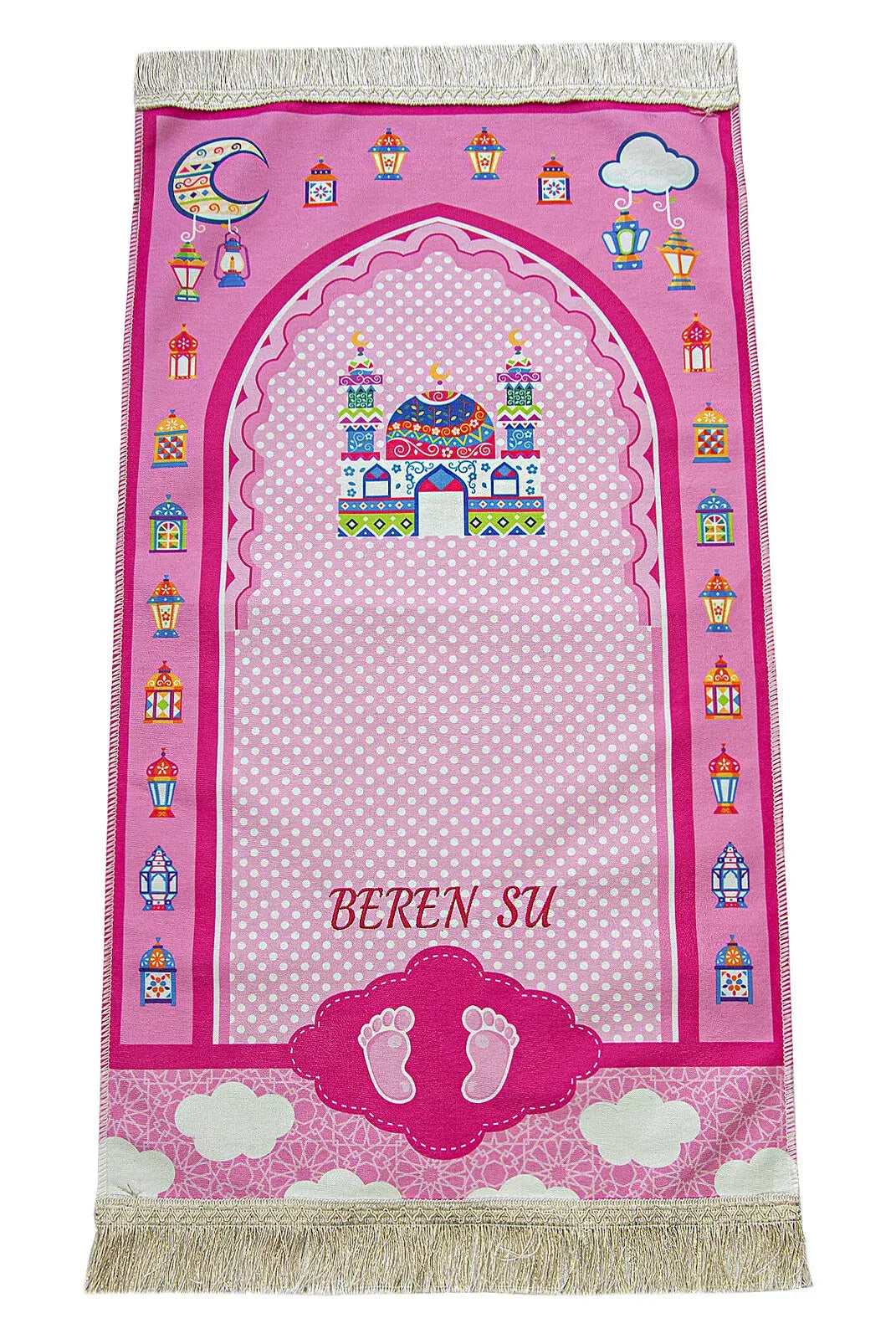 Personalized Ramadan Prayer Rug for Kids with Glitter Tassels