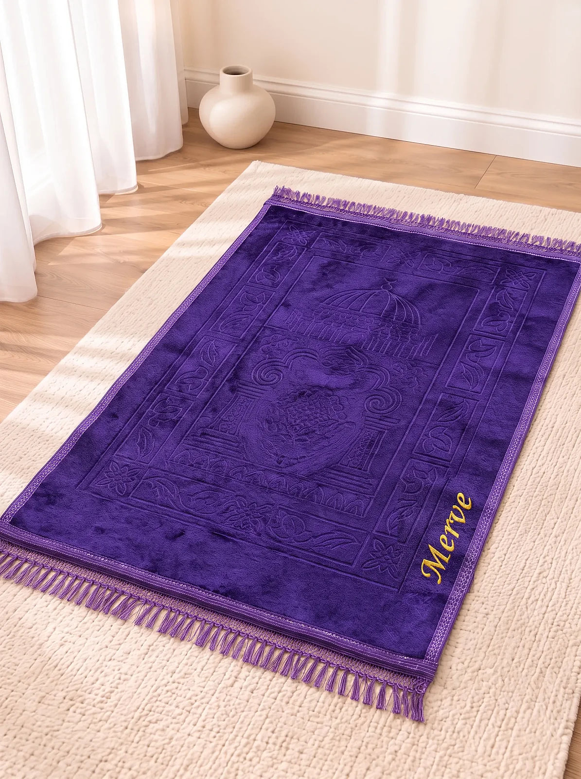 Personalized Embroidered Plush Prayer Rug with Mihrab Design