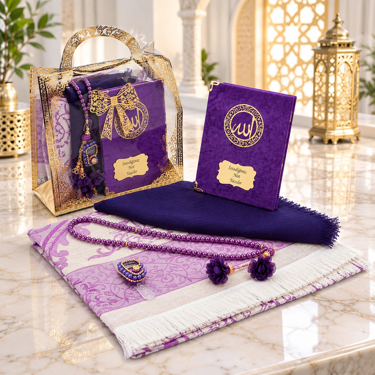 Personalised Yaseen Gift Set with Prayer Mat, Shawl, Tasbih & Acrylic Carry Case