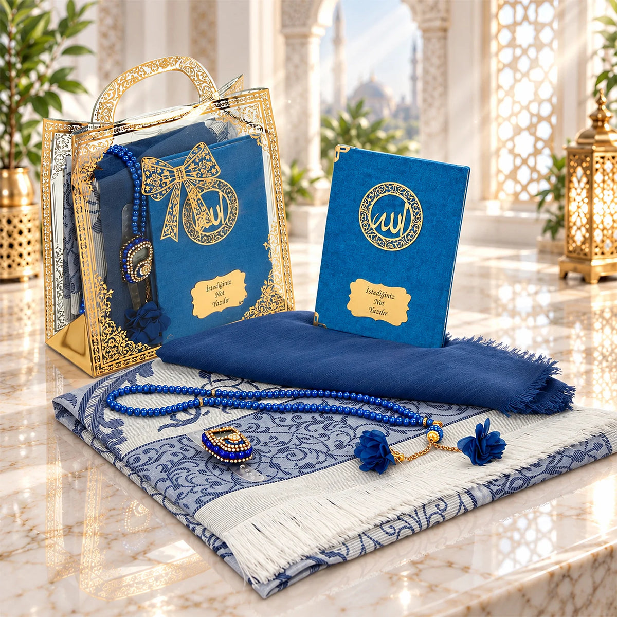 Personalised Yaseen Gift Set with Prayer Mat, Shawl, Tasbih & Acrylic Carry Case