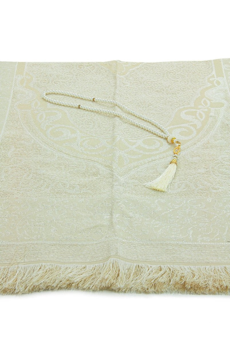 Kaaba Pattern Luxury Mevlut Gift Set – Black Tafta Prayer Rug, Needle Lace Scarf, Pearl Tasbeeh, Special Gift Box - ihvan