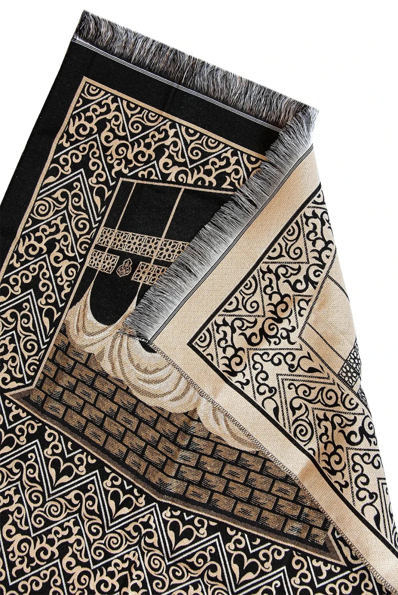 Kaaba Patterned Chenille Prayer Mat Set with Carry Bag - ihvan
