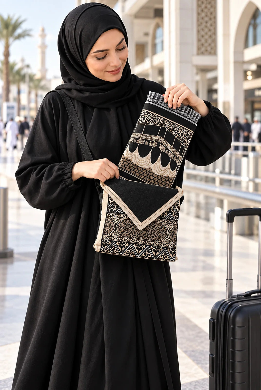 Kaaba Patterned Chenille Prayer Mat Set with Carry Bag