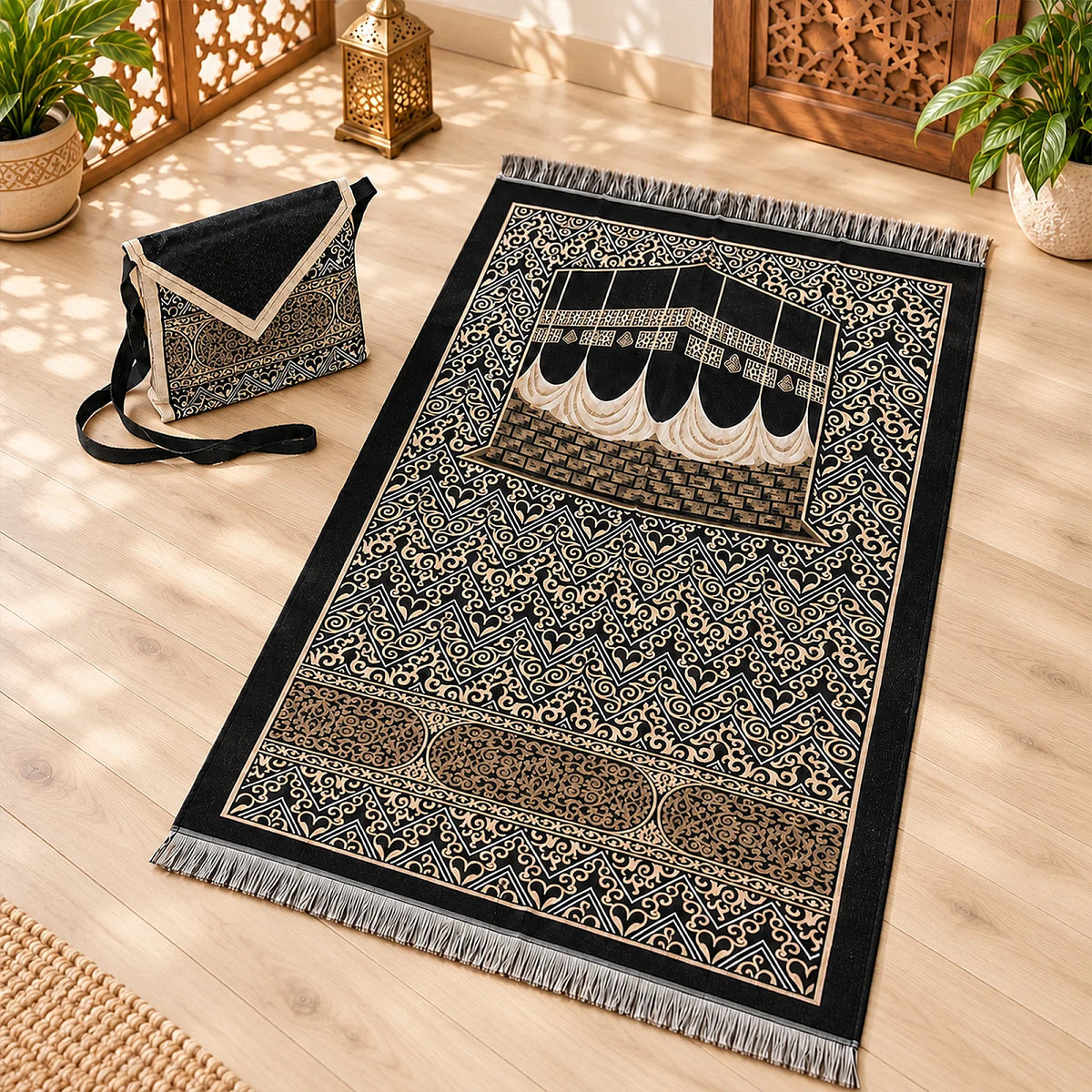 Kaaba Patterned Chenille Prayer Mat Set with Carry Bag