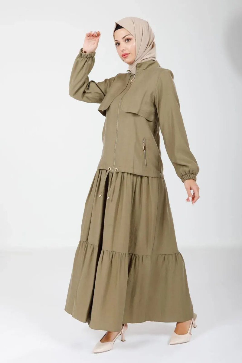 Khaki Two - Piece Mandarin Collar Jacket with Elasticated Sleeves 9102 - 25 - ihvan