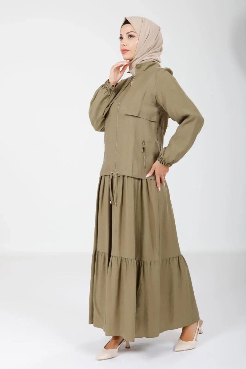 Khaki Two - Piece Mandarin Collar Jacket with Elasticated Sleeves 9102 - 25 - ihvan