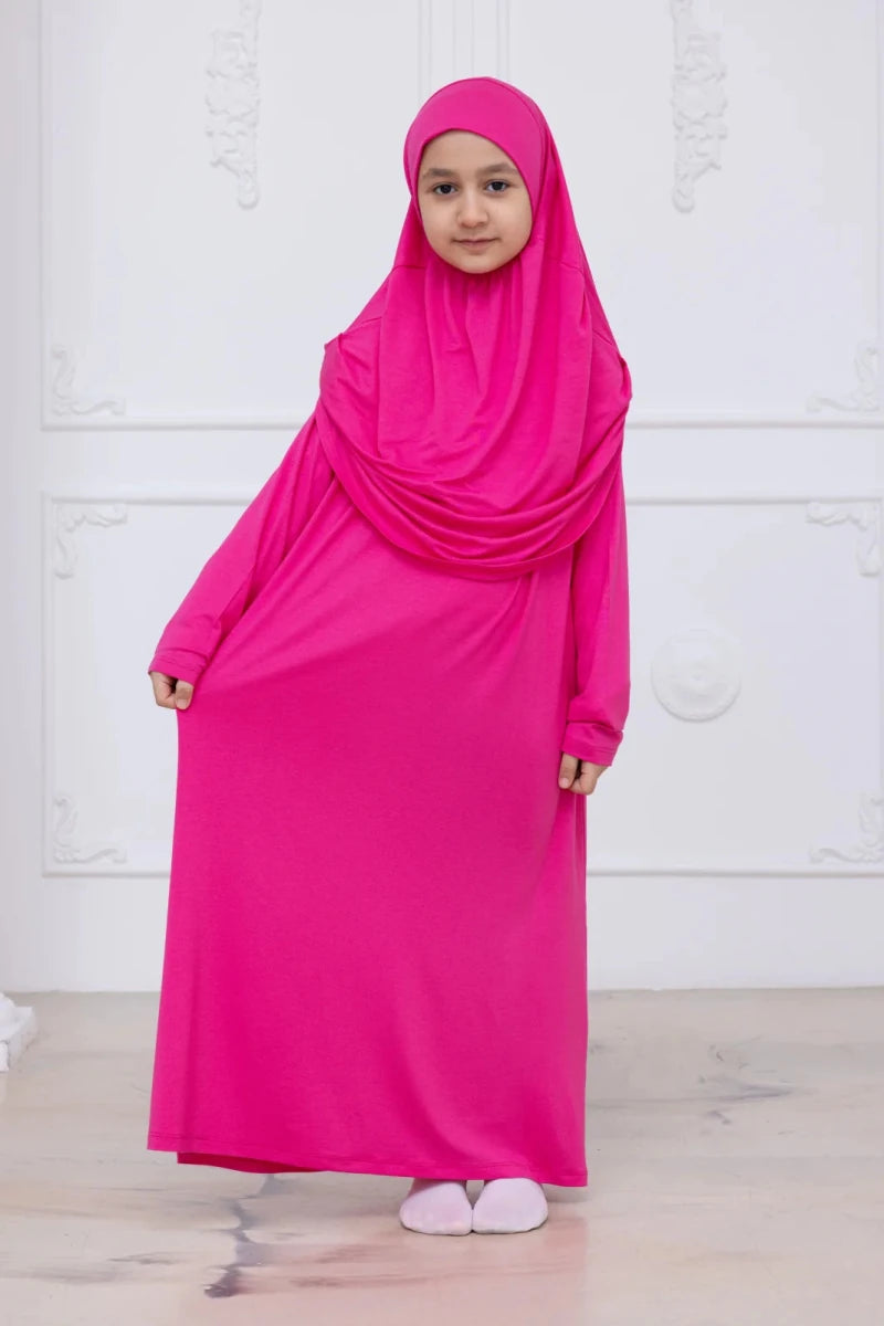 Kids One-Piece Prayer Dress with Attached Hijab – Easy Slip-On Salah Outfit - ihvan