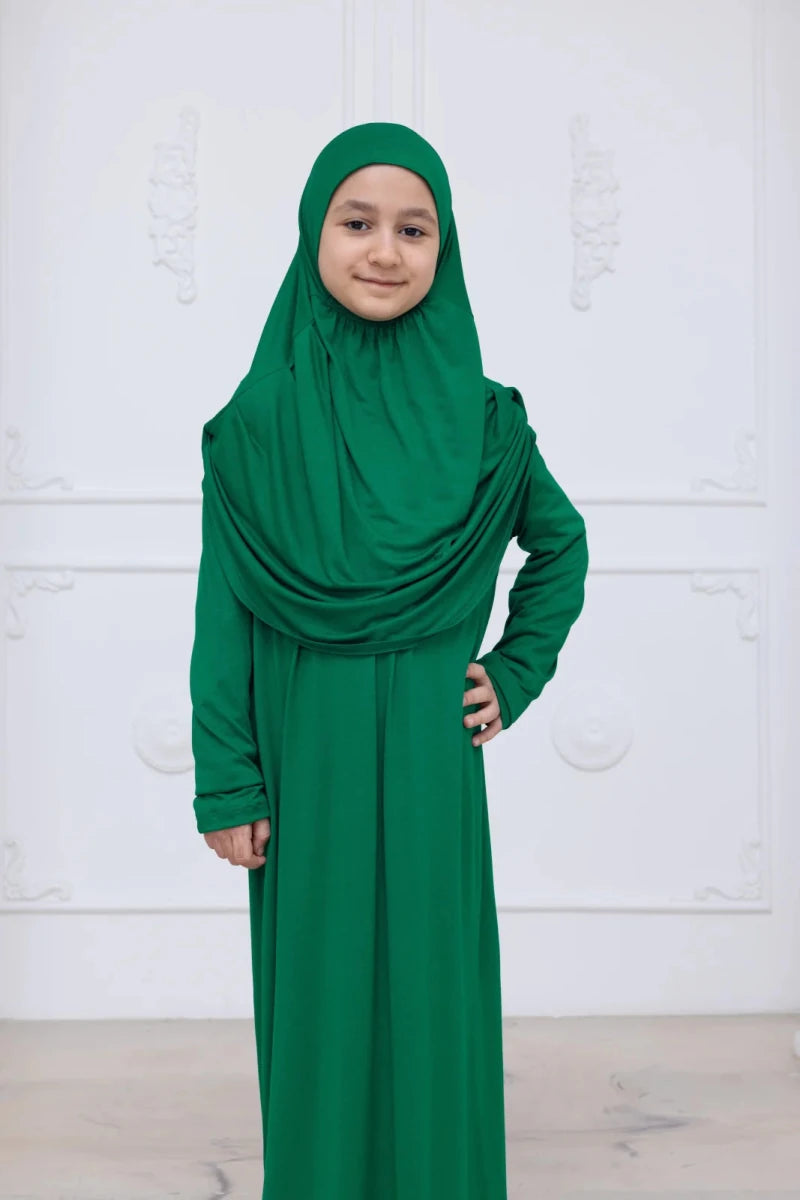 Kids One-Piece Prayer Dress with Attached Hijab – Easy Slip-On Salah Outfit - ihvan