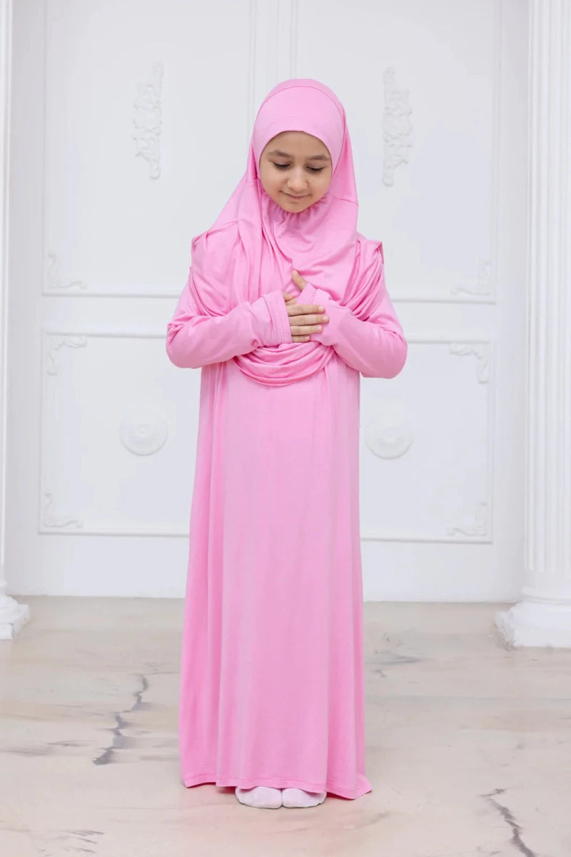 Kids One-Piece Prayer Dress with Attached Hijab – Easy Slip-On Salah Outfit - ihvan