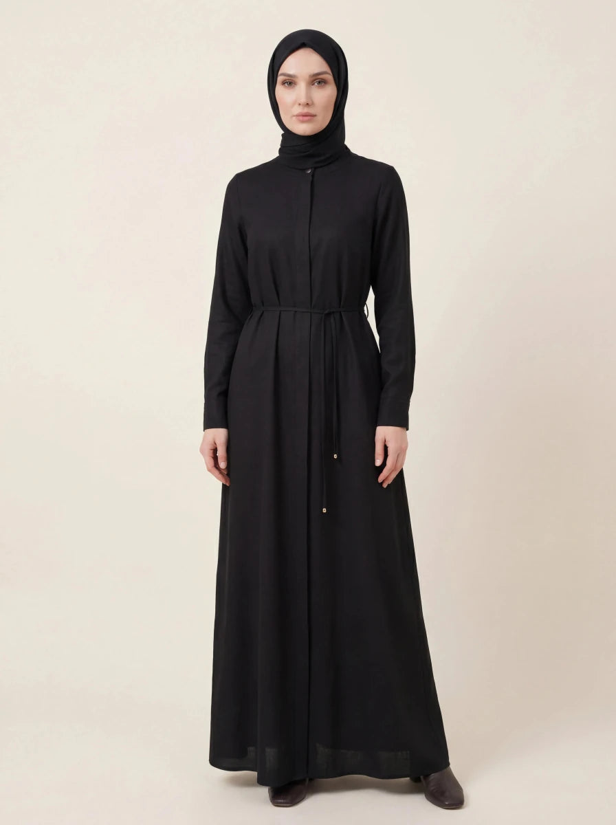 Lace - up Linen Abaya, Front Closure, Mandarin Collar, Long Sleeves, 9542 - 26 Black - ihvan